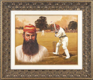 W.G.GRACE, superb original painting "W.G.Grace", from the 'Legends of Cricket Series', by Dave Thomas, oil on board, signed by the artist "Dave Thomas '99" lower right, window mounted, framed, overall 74x64cm.