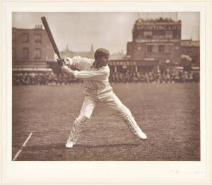 VICTOR TRUMPER, signature on lower right margin of superb half-tone offset lithographic print of Victor Trumper in full flight, by the photographer George W.Beldam, published by The Swan Electric Engraving Company, London, 1st August, 1905; image size 38x