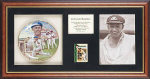 DON BRADMAN, display comprising Cricket Plate "452 Not Out", from the 'Don Bradman - An Australian Legend' series issued by the Bradford Exchange, window mounted with signed cricket card & picture of Bradman, framed & glazed, overall 72x39cm.