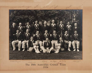 1934 AUSTRALIAN TEAM, large official team photograph, by Sasha, with title "The 18th Australian Cricket Team, 1934" printed on mount, with 18 signatures on mount - Bill Ferguson (scorer), Clarrie Grimmett, Bill Brown, Hans Ebeling, Harold Bushby (manager)