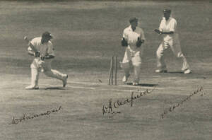 SIGNED PHOTOGRAPH, from 1937 Australia v England 4th Test, signed by Walter Hammond, Bert Oldfield & Arthur Chipperfield, mounted on board with title, overall 39x36cm. Also press photograph from 1938 5th Ashes Test at the Oval.