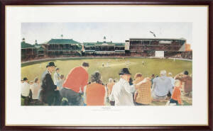 DON BRADMAN, print "From the Hill - Don Bradman hits the single that gives him 100 first class centuries, November 15, 1947" by Wesley Walters, numbered 363/1250 and signed by Don Bradman in lower margin, window mounted, framed & glazed, overall 118x71cm.