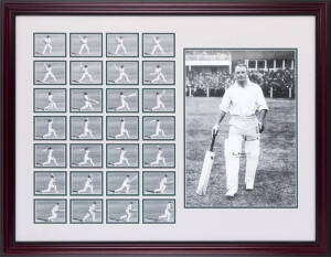 DON BRADMAN, display comprising signed photograph of Bradman walking out to bat, window mounted with 28 frame-by-frame photographs of Bradman batting, framed & glazed, overall 93x72cm. With CoA.