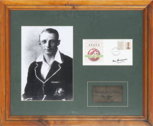 DON BRADMAN, display with signature on 1992 "Centenary of the Ashes" PSE, window mounted with photo of Don Bradman, framed & glazed, overall 58x48cm.