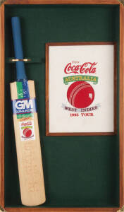 1995 AUSTRALIAN TOUR TO WEST INDIES, full size "Gunn & Moore" Cricket Bat with 15 signatures on front, including Mark Taylor, Ricky Ponting, Glenn McGrath & Shane Warne, mounted with embroidered tour logo, framed & glazed, overall 54x92cm.