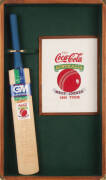 1995 AUSTRALIAN TOUR TO WEST INDIES, full size "Gunn & Moore" Cricket Bat with 15 signatures on front, including Mark Taylor, Ricky Ponting, Glenn McGrath & Shane Warne, mounted with embroidered tour logo, framed & glazed, overall 54x92cm.