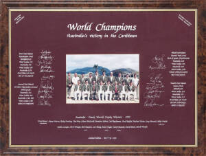 1995 AUSTRALIAN TEAM, "World Champions - Australia's victory in the Carribean", display comprising 1995 team photograph with 19 original signatures on the mount, limited edition No.1313/1500, window mounted, framed and glazed, overall 83x64cm. With CoA.