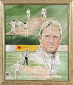 SHANE WARNE, painting by Vincent Fantauzzo, oil on canvas, signed by the artist, framed, overall 48x58cm. {Vincent Fantuzzo has entered the Archibald Prize several times, winning the People's Choice Award in 2008 with portrait of Heath Ledger; People's Ch