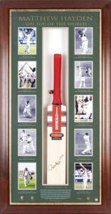 MATTHEW HAYDEN, "Matthew Hayden - On Top of the World" display, comprising signed "Gray-Nicolls" Cricket Bat, mounted in display case with details of the top ten Test scores, framed & glazed, overall 63x122cm. Limited edition 52/380. Bat loose in display 