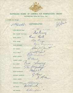 1961 Australian Team, official team sheet with 19 signatures including Richie Benaud (captain), Neil Harvey, Graham McKenzie & Bob Simpson. Folded, otherwise Good condition.