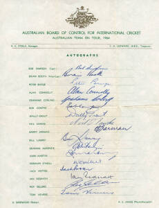 1964 Australian Team, official team sheet with 17 signatures including Bob Simpson, Brian Booth, Tom Veivers, Bill Lawry & Graham McKenzie. Folded, otherwise Good condition.