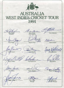 1984 Australian Team to West Indies, official team sheet with 18 signatures including Kim Hughes (captain), Allan Border, David Hookes & Keppler Wessels. Folded, otherwise fine condition.