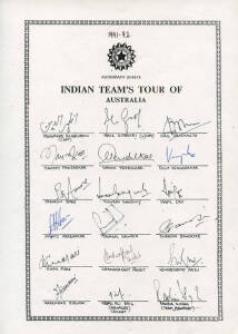 1991-92 Indian Team to Australia, official team sheet with 19 signatures including M.Azharuddin, Kapil Dev & Sachin Tendulkar. Fine condition. {Sachin Tendulkar's first tour to Australia - also Shane Warne's debut Test series}.