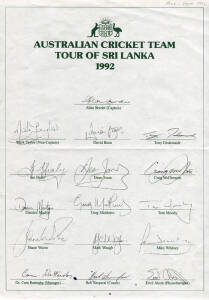 1992 Australian Team to Sri Lanka, official team sheet with 16 signatures including Allan Border, Mark Taylor & Shane Warne. {Warne's first tour}.