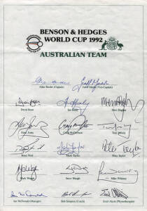 1992 Australian Team to World Cup 1992, official team sheet with 17 signatures including Allan Border (captain), Geoff Marsh, Craig McDermott, Steve Waugh & Dean Jones. Fine condition. Scarce.