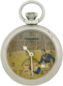 c1930s AUSTRALIAN RULES POCKET WATCH: "Triumph" Character pocket watch with footballer's boot swinging each second, made in Britain by Ingersoll Ltd, clearly Australian Rules with goal & behind posts. Repaired to working condition. A beautiful and unusual