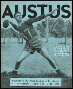 "Rules of Austus (Abridged), A Combination of Australian and American Football" by Cowley [USA Edition, Melbourne, c1944]. VG condition. {Austus is a sport which was started in Australia during World War II when U.S. soldiers wanted to play a form of foot