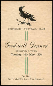 VFA: Victorian Football Association membership badges for 1946 (numbered "0023" on reverse); 1973 & 1978. Also 1938 Brunswick Football Club good-will dinner menu.