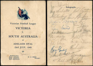 EPHEMERA: 1949 Itinerary "Victoria v South Australia" with 20 signatures on reverse including Ern Henfry, John Coleman, Bill Morris, Charlie Sutton & Bill Hutchinson; 1967 menu/programme "Norman Smith Complimentary Dinner"; 1966 Mobil "Mobil Footy Photos 