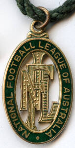 NATIONAL FOOTBALL LEAGUE: 9ct gold & enamel badge "National Football League of Australia", engraved on reverse "National Director of Coaching", made by K.G.Luke.