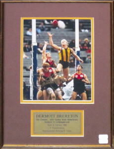 COLLINGWOOD DISPLAYS: 2001 Select football cards [12] with signatures on mount; Select "Hall of Fame" cards [12]; Collingwood display including Booklet signed by Bob Rose; also Dermott Brereton (Hawthorn) signed photograph. All framed & glazed, various si