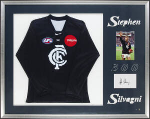 CARLTON: "Stephen Silvagni 300" display comprising special Carlton "300" football jumper, window mounted with photograph & signature, limited edition No.6, framed & glazed, overall 129x102cm; "Carlton Premiership Team 1995" framed display; faded Alex Jesa