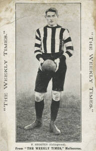 c1910 The Weekly Times postcard "Victorian Footballers", [1/84 known], F.Shorten (Collingwood). Poor/Fair. Rarity 9.