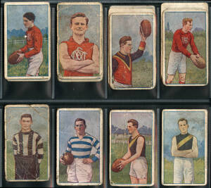 1922-23 J.J.Schuh (Magpie Cigarettes) football cards, comprising 1922 "Victorian League Footballers" [15/60 + 3 spares]; 1923 "Portraits of our Leading Footballers" [14/106]. Poor/G.