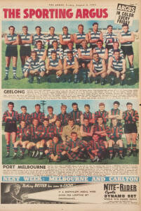 1954 Argus "Colour Team Photos", part set [8/18]. Also colour preview page from semi-final between Geelong and Footscray. Fair/VG.