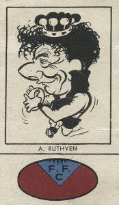 1954 Fyna Foods "Victorian Footballer Caricatures" [1/24] with club colours at base, No.15 A.Ruthven (Fitzroy). G/VG. Rarity 8.