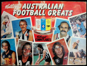 1981 Kelloggs "Australian Football Greats" [30] in album; plus c1983-98 range of empty boxes (9) with 1983 Scanlens Stickers; Coca-Cola; Select - 1990 stickers, 1995, 1996, 1996 Hall of Fame, 1996 stickers, 1997 & 1998. Fair/G.