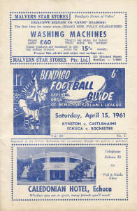 COUNTRY FOOTBALL: 1946-2003 collection of programmes in 7 folders, noted "Bendigo Football Guide" (64); Alberton (2), Ararat (2), Bacchus Marsh (1), Ballarat (25), Bass Valley (1), Bellarine (7), Benalla-Tungamah (11), Castlemaine (2), Central Highlands (