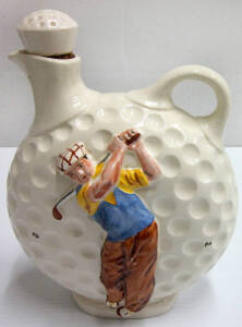 c1950s Diana Pottery Golfer flask with stopper, 23cm tall. Together with golf books (4) including "A History of Golf in Victoria" by Mansfield [Melbourne, 1987]. {The Diana Pottery operated at Marrickville NSW from 1941 to 1966, and was the most important