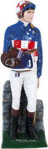 MAKYBE DIVA: Lawn jockey statue, painted in Makybe Diva's colours, made from fibreglass with cement base, 90cm tall. Base with caption "Makybe Diva, Winner of the Melbourne Cup, 2003-04-05". Very attractive.