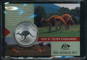$1.00 1oz (0,999 silver) Silver Kangaroos, carded Specimens. 1996 x3 and 1997, 1998, 1999 all x2. Cat. $630.