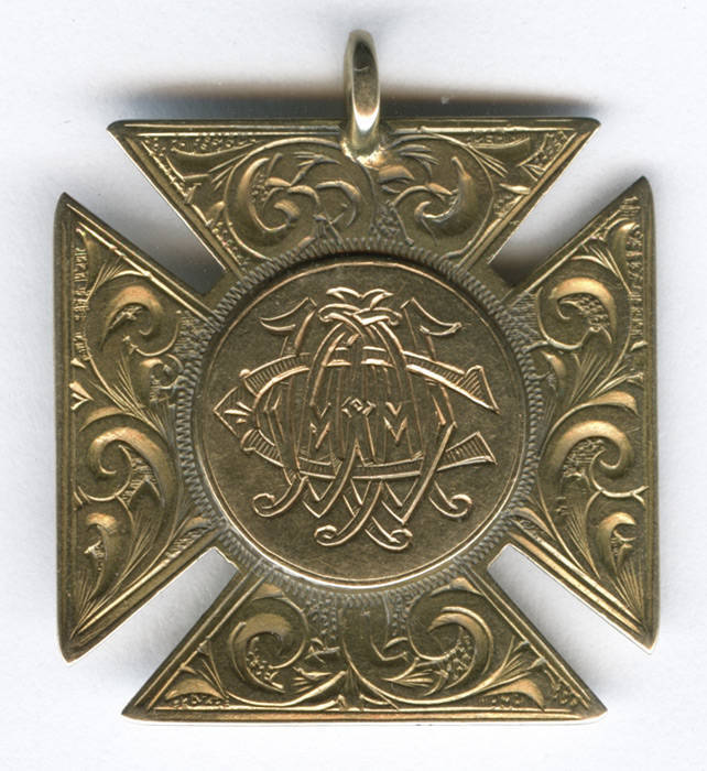 ATHLETICS MEDAL, 15ct gold fob/medal, engraved on reverse "1ST. Hammer Throwing & Shot Putting, Won By, A.Walker, Nov.1900". Weight 8.69 grams.