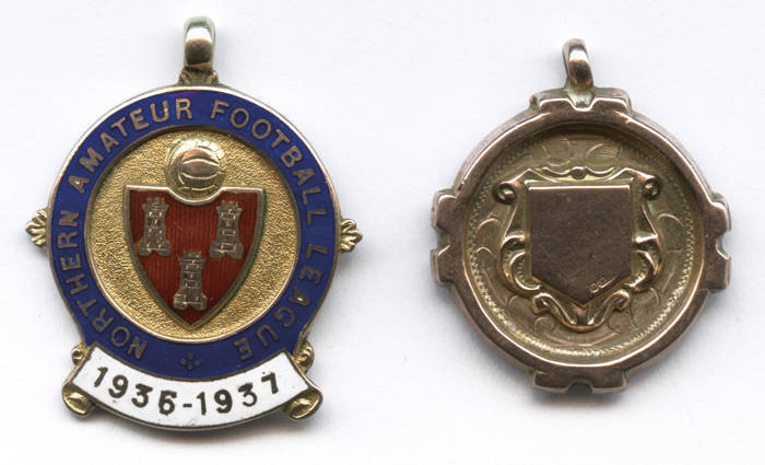 FOOTBALL MEDALS: 9ct gold fob/medal engraved on reverse "North Lancs & Dist Football League, Div.1 Winners 1933/4"; plus 9ct gold & enamel fob/medal "Northern Amateur Football League/ 1936-1937", engraved on reverse with initials "HJ". Total weight 12.34