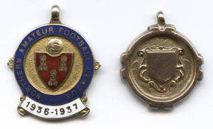 FOOTBALL MEDALS: 9ct gold fob/medal engraved on reverse "North Lancs & Dist Football League, Div.1 Winners 1933/4"; plus 9ct gold & enamel fob/medal "Northern Amateur Football League/ 1936-1937", engraved on reverse with initials "HJ". Total weight 12.34 