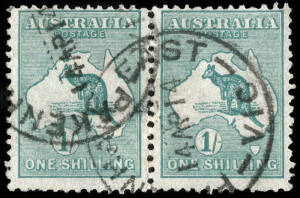 1913 (SG.11w) 1/- Emerald, WMK INVERTED, horizontal pair, commercially used. Scarce thus. BW.$800. One unit thinned.