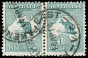 1913 (SG.11w) 1/- Emerald, WMK INVERTED, horizontal pair, commercially used. Scarce thus. BW.$800. One unit thinned.