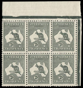 2d Grey, upper left corner block with variety "White scratch below AU"; very fine & fresh. Nice positional piece.