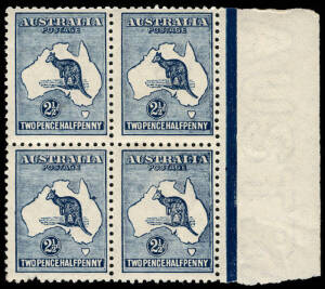 2½d Deep blue & 2½d Indigo: each in marginal blk.4 with 2 unlisted varietities. Blk A, first unit with "RETOUCH to white flaw off WA coast"; BW.11(1)j, 1R17, 2**/2*. Blk B, third unit with "Large flaw off NE coast", (one pulled perf), 4**.