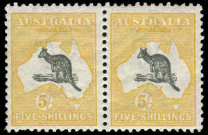 5/- Grey & Deep Yellow-Orange, horizontal pair [L9-10], the right unit with "Ewe-faced Roo" variety, MUH. A most attractive pair, the non-variety unit with a slightly toned perf., mentioned for accuracy.Provenance: Hugh Morgan, 2012.