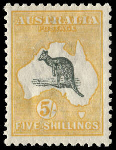 5/- Grey-Black & Orange and 5/- Grey & Pale Yellow, singles; well centred.