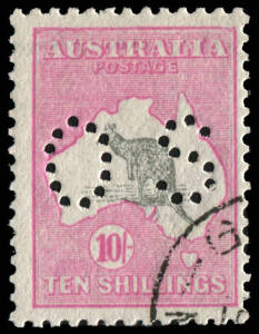 5/- Grey & Deep Yellow with "Broken tail on 'Roo" (BW.44wa(v)d) and 10/- Grey & Pink, both punct. Small 'OS' & CTO with full gum.