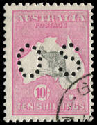 5/- Grey & Deep Yellow with "Broken tail on 'Roo" (BW.44wa(v)d) and 10/- Grey & Pink, both punct. Small 'OS' & CTO with full gum.