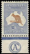&pound;1 CHESTNUT & BRIGHT BLUE, CA MONOGRAM SINGLE; FRESH & FINE MINT. EXTREMELY RARE. 2013 Edition BW:52Bza - $100,000.The &pound;1 Third Watermark monograms - either CA or JBC - are great rarities. Until the recent discovery of this stamp, the first "new" example 