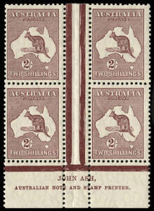 2/- Maroon, Ash Imprint (Plate 2 - N over N) block; superb MUH. BW:39zb.