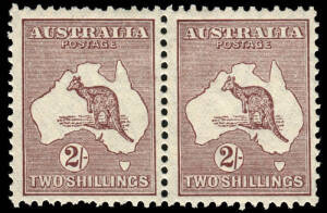 2/- Maroon, horizontal pair, the left-hand unit with variety, "Chopped neck kangaroo" [L1], MLH. BW:39d+. Cat.$400.