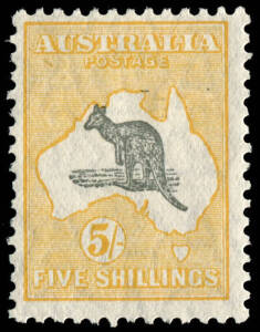 5/- Grey & Yellow-Orange, nicely centred MLH, with unlisted variety, minor break to Roo's hind leg.